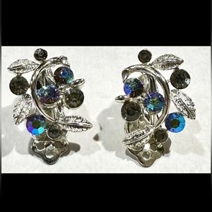Vintage Lisner signed clip on earrings multicolored rhinestones silver tone.